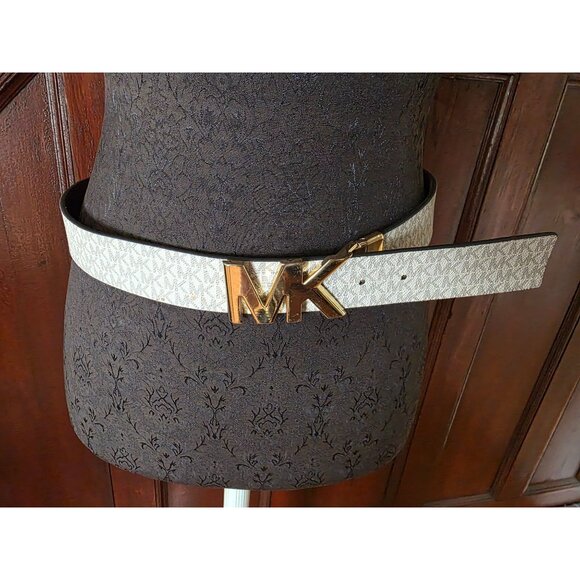 Michael Kors Womens Reversible Logo Belt With MK Gold Buckle - Picture 1 of 9